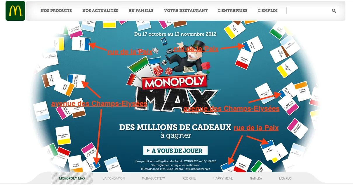 2012年麦当劳法国公司 Monopoly MAX 促销网页,显示游戏卡片的误导性分布,其中包含多枚“Rue de la Paix”与“Avenue des Champs-Élysées”游戏印花