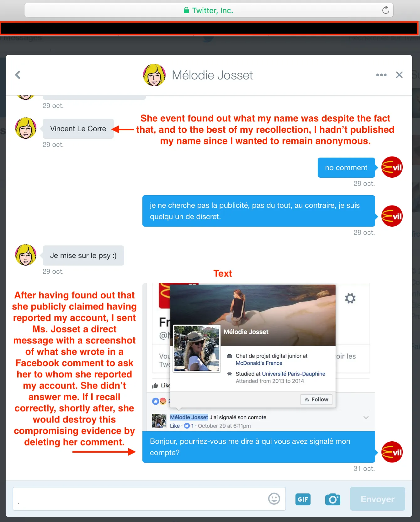 询问 Josset 她向谁举报了我的私信